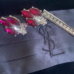 Vintage YSL Crystal pierced earrings + Brooch